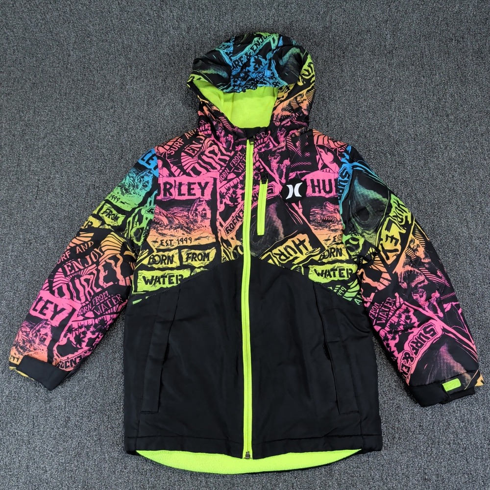 Hurley Neon Graphic Print Hooded Puffer Jacket Kids Small 8-10 Black Multi-Color